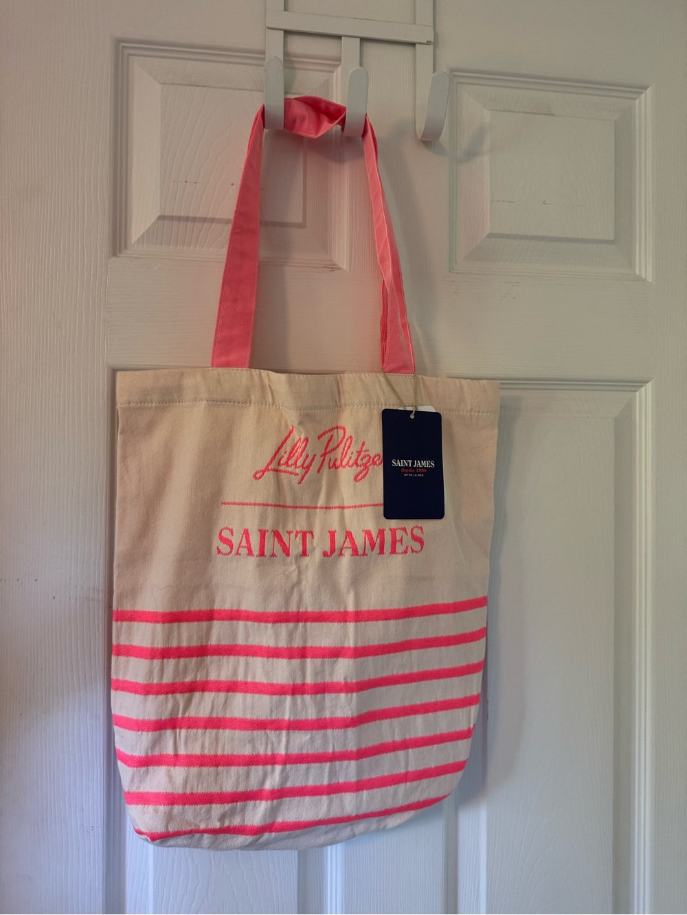 Lilly Pulitzer Cream Canvas Tote with Pink Straps & Stripes